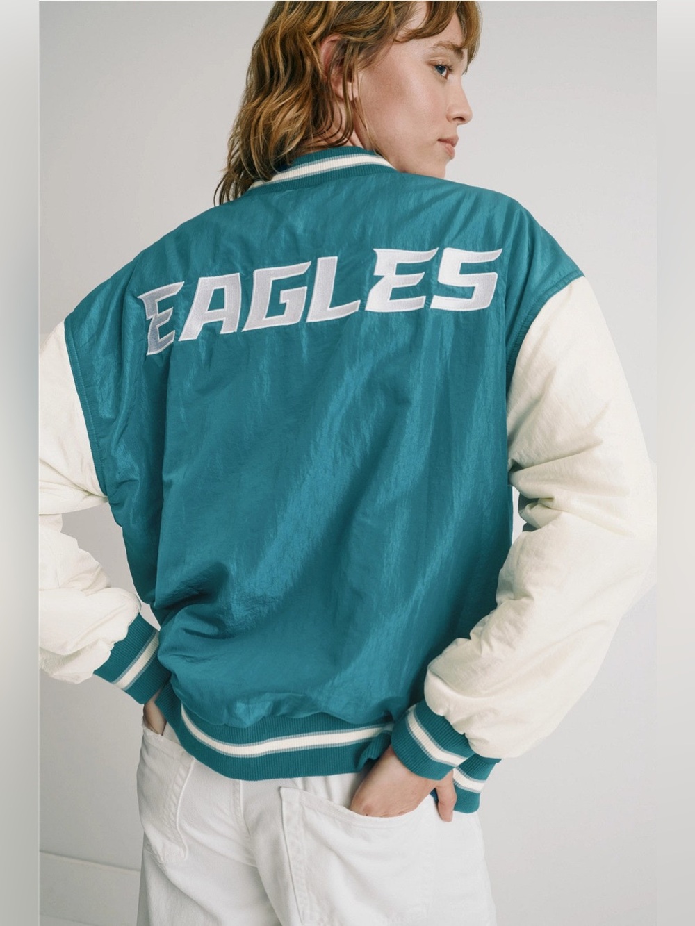 New! Terez  EAGLES Bomber Varsity Jacket 🦅🏈 Large Eagles Midnight Green + Sugar - Picture 4 of 12